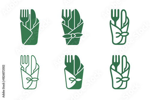 Eco Home Icons. Sustainable home products. Icon set. Set Logo of eco home item: cloth napkin and utensil wrap. harmonious logo variations of the same