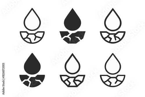 Climate Icons Collection. Climate change effects on natural landscapes. Icon set. Set Logo of environment: cracked earth and water droplet. harmonious logo