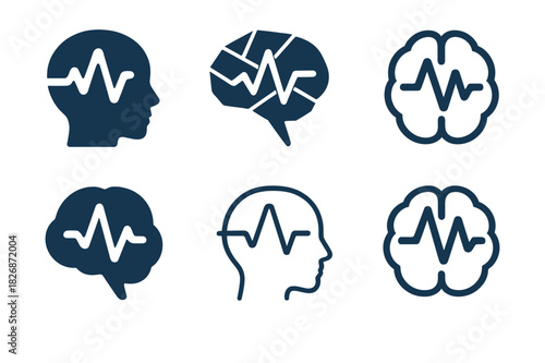 Creative Neuroscience Icons. Neuroscience of creativity. Icon set. Set Logo of creative neuroscience: electrical brainwave symbol. harmonious logo variations