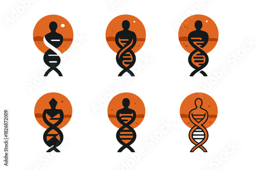 Space Genetics Logos. Genetic Engineering for Space Colonization. Icon set. Set Logo of human adaptation: helix forming a human silhouette on Mars. harmonious