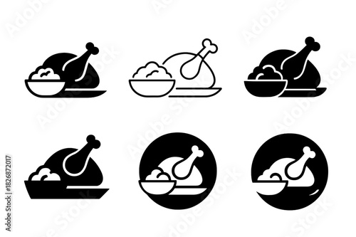 Roasted Chicken Logos. Preparing a roasted chicken with a side of mashed potatoes. Icon set. Set Logo of roasted chicken meal: mashed potatoes in bowl.