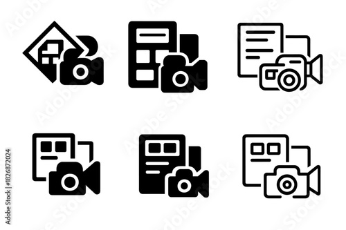 Content Workflow Icons. Behind-the-Scenes Content Tips. Icon set. Set Logo of content workflow: storyboard, script, and camera icons. harmonious logo