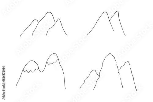 Minimal mountain outline set for travel, adventure, outdoor branding, and landscape design themes, vector illustration