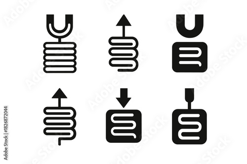 Electricity Flow Icons. How electricity flows. Icon set. Set Logo of how electricity flows: generator coil. harmonious logo variations of the same emblematic