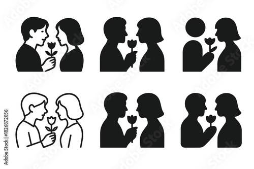 Romantic Logo Variations. Romantic spontaneity in long-term relationships. Icon set. Set Logo of romantic spontaneity in long-term relationships: couple