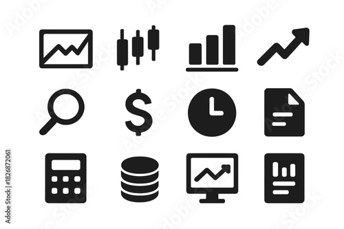 Market Trends Icons. Market trends. Solid icon set of market trends: line chart, candlestick graph, bar chart, upward arrow, magnifying glass, dollar symbol,