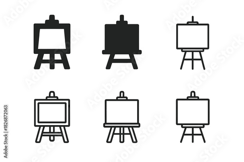 Art Techniques Icon Set. Fine art techniques and tools. Icon set. Set Logo of Fine art techniques and tools: canvas on studio easel. harmonious logo variations