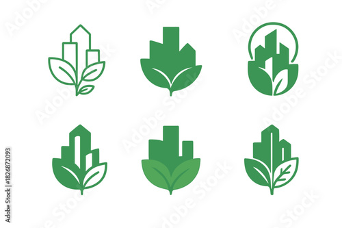 Eco City Logos. Green cities. Icon set. Set Logo of sustainable urbanism: eco city skyline. harmonious logo variations of the same emblematic concept, each