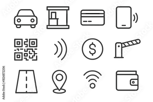 Urban Mobility Icons. Urban mobility payment. Line icon set of urban mobility payment: car, toll booth, credit card, phone, QR code, NFC wave, coin, barrier,