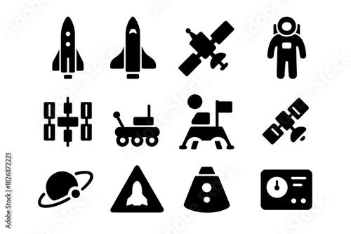 Space Exploration Icons. Space exploration. Solid icon set of Space exploration: rocket, space shuttle, satellite, astronaut, space station, rover, moon