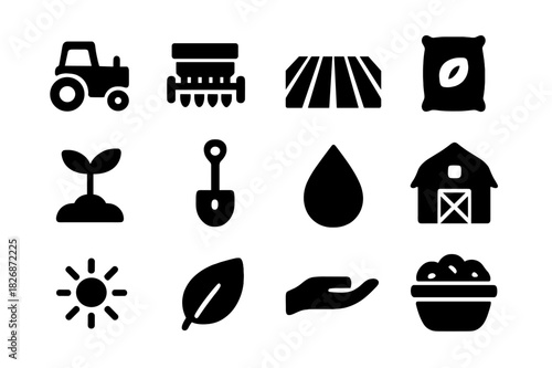 Agricultural Icon Set. Agricultural Sowing. Solid icon set of Agricultural Sowing: tractor, seed drill, plowed field, grain bag, plant sprout, shovel, water