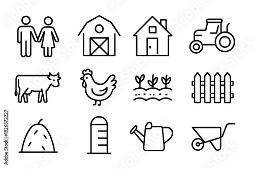 Family Homestead Icons. Family homestead life. Line icon set of Family homestead life: family holding hands, barn, farmhouse, tractor, cow, chicken, vegetable