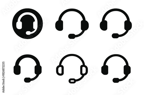 Digital Classroom Logos. Digital classroom interface. Icon set. Set Logo of Digital classroom interface: headset with mic for live class. harmonious logo