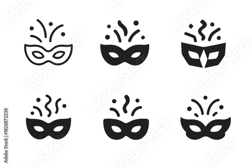 Party Logo Collection. Themed parties and events. Icon set. Set Logo of Themed parties and events: masquerade mask with confetti. harmonious logo variations of