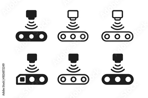 Conveyor Sensor Logos. conveyor system sensors. Icon set. Set Logo of conveyor system sensors: proximity sensor on belt. harmonious logo variations of the same