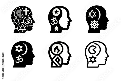 Interfaith Identity Icons. The relationship between religion and personal identity. Icon set. Set Logo of The relationship between religion and personal