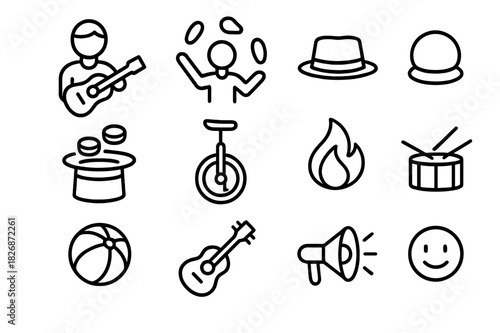 Street Performer Icons. Street performers. Line icon set of street performers: musician, juggler, hat, coins, unicycle, flame, ball, drum, guitar, megaphone,
