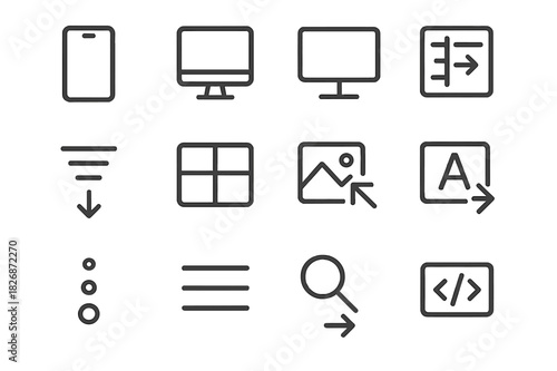 Responsive Icon Set. Responsive elements. Line icon set of responsive elements: mobile screen, tablet screen, desktop screen, sidebar toggle, collapsible menu,