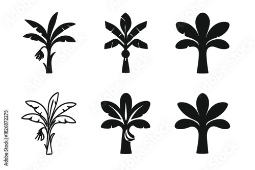 Banana Plantation Icons. banana plantation. Icon set. Set Logo of banana plantation: banana tree silhouette. harmonious logo variations of the same emblematic