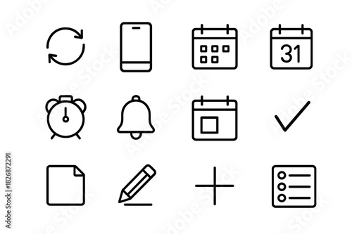 Digital Scheduler Icons. Digital Scheduler Icons. Line icon set of Digital Scheduler Icons: sync icon, smartphone, calendar app, date selection, alarm clock,