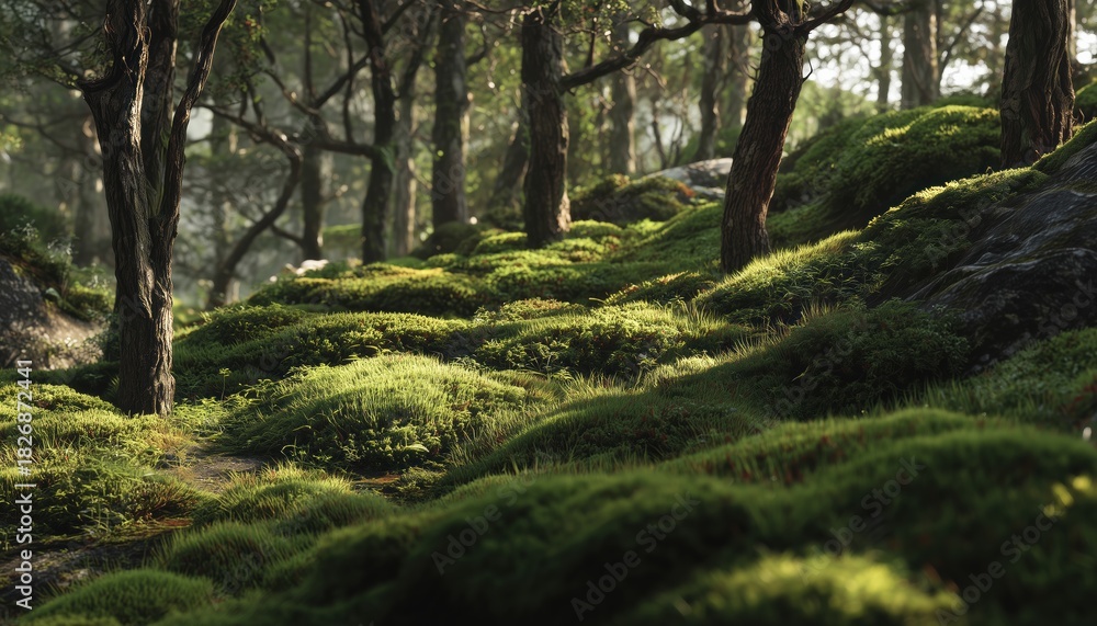 Fototapeta premium Stunning Moss-Covered Ground Of A European Forest In The Sunshine Of An Afternoon: A Breathtaking Sight To Behold.