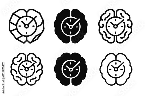 Time Perception Logos. Time dilation and human perception. Icon set. Set Logo of time dilation and human perception: Clock hands intersecting brain. harmonious