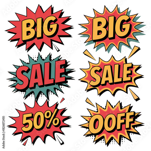 Collection of four vibrant comic book style explosion bursts with text for big sale and 50 percent off promotions isolated on transparent background