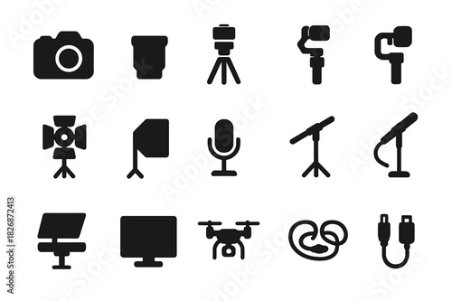 Production Equipment Icons. Equipment. Solid icon set of production equipment: camera, lens, tripod, gimbal, lighting kit, softbox, microphone, boom,