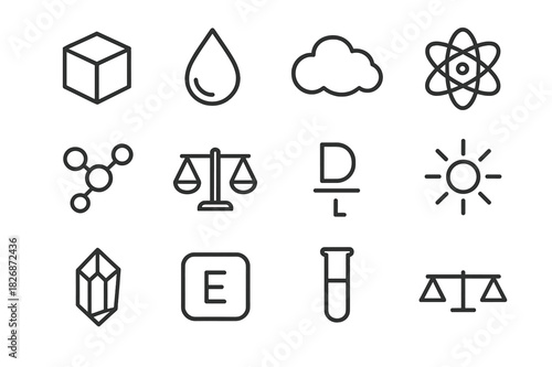 Matter Icon Set. Matter and mass. Line icon set of matter and mass: solid cube, liquid drop, gas cloud, atom, molecule, scale, density icon, particle, crystal,