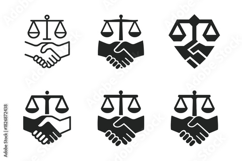 Lawyer Icon Set. Lawyers interacting with clients in various settings (offices, homes). Icon set. Set Logo of Lawyers interacting with clients in various