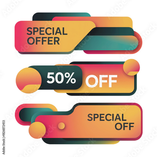 Collection of three modern abstract sale banners with special offer and 50 off text in vibrant gradient colors isolated on transparent background