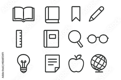 Academic Icon Set. Textbook. Line icon set of textbook: open book, closed book, bookmark, pencil, ruler, notebook, magnifying glass, glasses, lightbulb, paper
