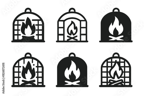 Fireplace Logo Variations. Lighting the fireplace. Icon set. Set Logo of Lighting the fireplace: spark guard screen in front of hearth. harmonious logo