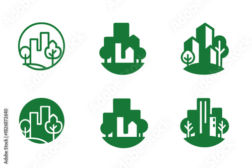 Eco City Logos. Green cities. Icon set. Set Logo of sustainable urbanism: eco city skyline. harmonious logo variations of the same emblematic concept, each