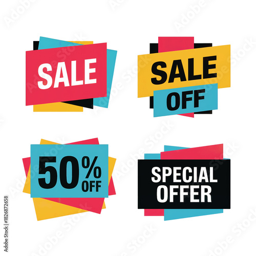 Collection of four colorful sale and discount offer tags including sale sale off 50 percent off and special offer isolated on transparent background