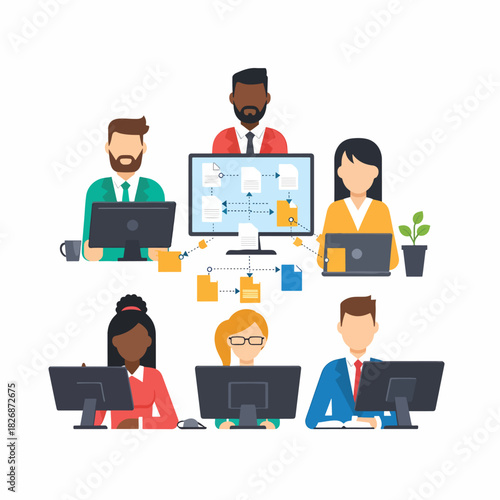 Diverse team collaborating on a project with data sharing and information exchange illustration