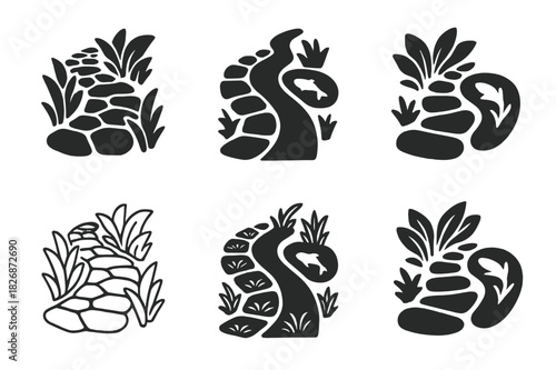 Harmonious Garden Path Icons. Decorative stone paths through a garden with plants on both sides. Icon set. Set Logo of Decorative stone paths through a garden