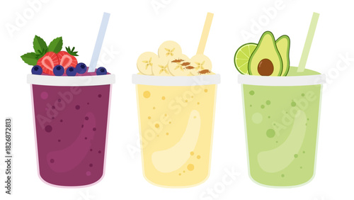 Three colorful and refreshing fruit smoothies or milkshakes in clear cups, topped with fresh fruit and straws, perfect for a healthy lifestyle