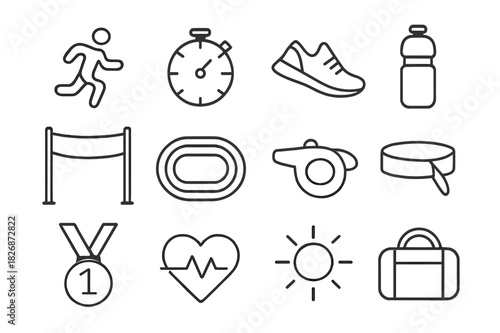 Running Icon Set. Running. Line icon set of running: runner, stopwatch, sneakers, water bottle, finish line, track, whistle, headband, medal, heart rate, sun,