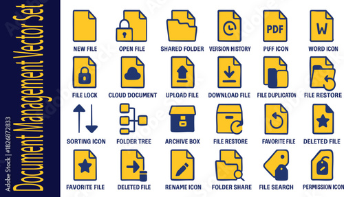 Document Management Icon Set: A comprehensive collection of meticulously designed icons representing various aspects of document management. These icons, with their clean lines and vibrant colors.