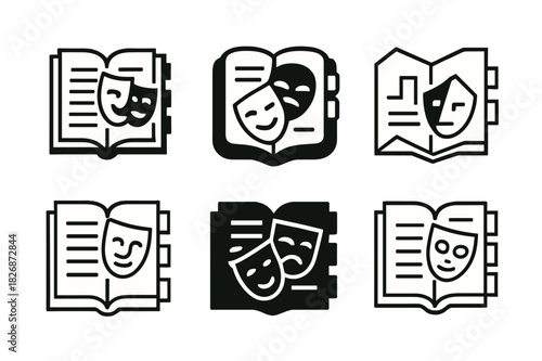 Theater Logo Variations. Theater rehearsal scene. Icon set. Set Logo of Theater rehearsal scene: prompt book with tabs. harmonious logo variations of the same