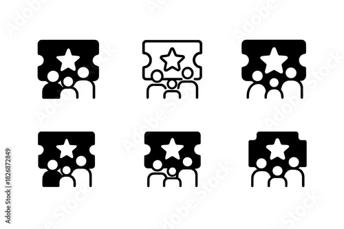 Family Movie Marathon Icons. Organizing a family movie marathon. Icon set. Set Logo of Organizing a family movie marathon: ticket stubs with star. harmonious