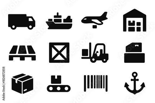 Freight Transport Icons. Freight transport. Solid icon set of Freight transport: truck, cargo ship, cargo plane, shipping container, pallet, crate, forklift,
