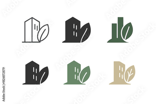 Ecological Architecture Logos. Ecological architecture blending with nature. Icon set. Set Logo of ecological architecture blending with nature: sustainable