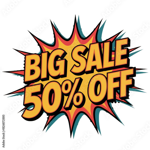 Explosive big sale 50 percent off announcement with vibrant orange yellow burst and teal accents isolated on transparent background