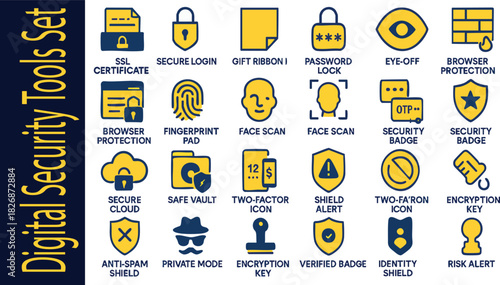 Digital Security Tools: A comprehensive set of digital security icons. Featuring essential tools for online protection. Showcasing security certificate, secure login, password lock and more