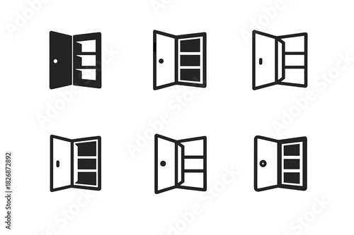 Cabinet Door Logos. Cabinet door. Icon set. Set Logo of cabinet door: open door revealing shelves inside. harmonious logo variations of the same emblematic