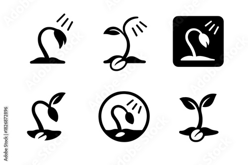 Seed Germination Logos. How seeds germinate. Icon set. Set Logo of How seeds germinate: seedling bending toward light. harmonious logo variations of the same