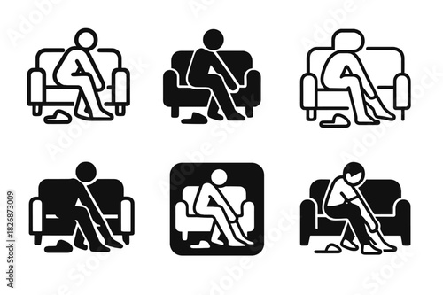 Indoor Slippers Logos. Putting on indoor slippers. Icon set. Set Logo of putting on indoor slippers: slippers on floor beside sofa. harmonious logo variations