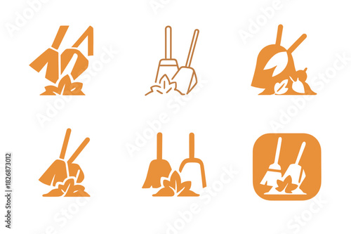 Autumn Cleaning Icons. Autumn home cleaning and organization. Icon set. Set Logo of Autumn home cleaning and organization: broom and dustpan sweeping leaf